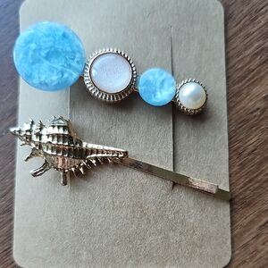 New Gold and Blue Beach Theme Sea Shell Hair Clip Set